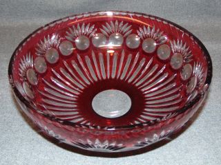 RUBY RED CUT CRYSTAL BOWL Ruby Red Bohemian Cut to Clear Crystal Bowl. Heavy and high quality European Leaded Crystal. Measures 4-1/2" tall x 11-1/2" wide. Condition is New, Mint. No Damage. Starting Bid $100. Auction Estimate $100 - $250. 