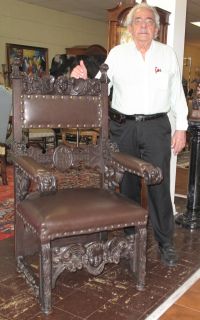 ANTIQUE WALNUT THRONE CHAIR 19th Century Magnificent Antique Italian, Carved Walnut & Leather Throne Chair. Measures 52-1/2