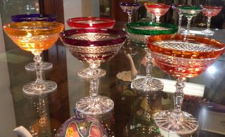 6 MULTI-COLOR CRYSTAL CORDIAL GLASSES  Beautiful Set of 6 Multi-Color Bohemian Cut to Clear Crystal Cordial Glasses. Heavy and high quality European Leaded Crystal. Each measures 3-3/4" tall. Condition is New, Mint. No Damage. Starting Bid $160 for all 6. Auction Estimate $200 - $250. 
