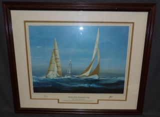 TIM THOMPSON PRINT "YACHTS of the AMERICA CUP" Framed & Double Matted Sailing Print Titled "The Twelve Meters" by Tim Thompson. "Yachts of the Americas Cup" Series. Frame measures 25" tall x 31" wide. Overall condition is very good. No damage. Starting Bid $40. Auction Estimate $60- $90.   