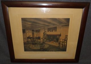 VINTAGE WALLACE NUTTING PRINT Vintage, Framed Wallace Nutting Print. Hand Colored. Titled "The Maple Sugar Cupboard". Frame measures 18-1/2" tall x 23" wide. Overall condition is good. Minor wear to frame finish. Starting Bid $80. Auction Estimate $120 - $200. 