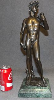 VINTAGE BRONZE "DAVID" SCULPTURE Vintage Bronze Sculpture of Michelangelo's' "David" on a Marble Base. Signed. High Quality Bronze with excellent Detail and patina. Measures 18" tall. Base is 6" x 6". Condition is excellent. No Damage. Starting Bid $250. Auction Estimate $350 - $450.  