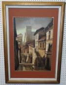 SANTOS LEINA ORIGINAL OIL PAINTING Framed, Original Oil Painting of an old town by Santos Leina. Signed and dated 95. Measures 41" tall x 30" wide. Condition is good. No damage. Starting Bid $50. Auction Estimate $70 - $100.  