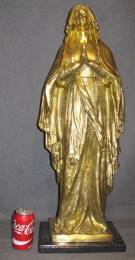 BRONZE VIRGIN MARY SCULPTURE on MARBLE Bronze Madonna, Blessed Virgin Mary Sculpture with Gold-Tone Patina on a Black Marble Base. High Quality Bronze with excellent Detail and patina. Measures 32-1/2" tall x 11" wide x 8" deep. Condition is Brand New, Mint. No Damage at all. Starting Bid $500. Auction Estimate $900 - $1,500.    