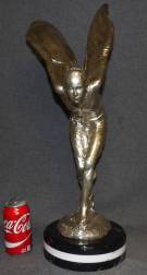 BRONZE "SPIRIT of ECSTACY" SCULPTURE on TRIPLE MARBLE Bronze "Spirit of Ecstacy" Sculpture on a Triple Marble Base. Silvered Patina. Signed. Measures 25-1/2" tall x 9" wide. Condition is Excellent. Mint. No damage. Starting Bid $500. Auction Estimate $650 - $900.   