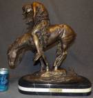 BRONZE END of TRAIL after JAMES FRASER Western Bronze Sculpture "End of Trail" after James Fraser on a Triple Marble Base. Signed. Measures 21" tall x 20" wide x 7-1/2" deep. Overall condition is Excellent. No Damage. Starting Bid $450. Auction Estimate $600 - $750.   